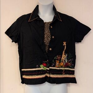 Lemon Grass Linen Blend One-Piece Twinset Giraffe Safari Leopard Retro Black Top